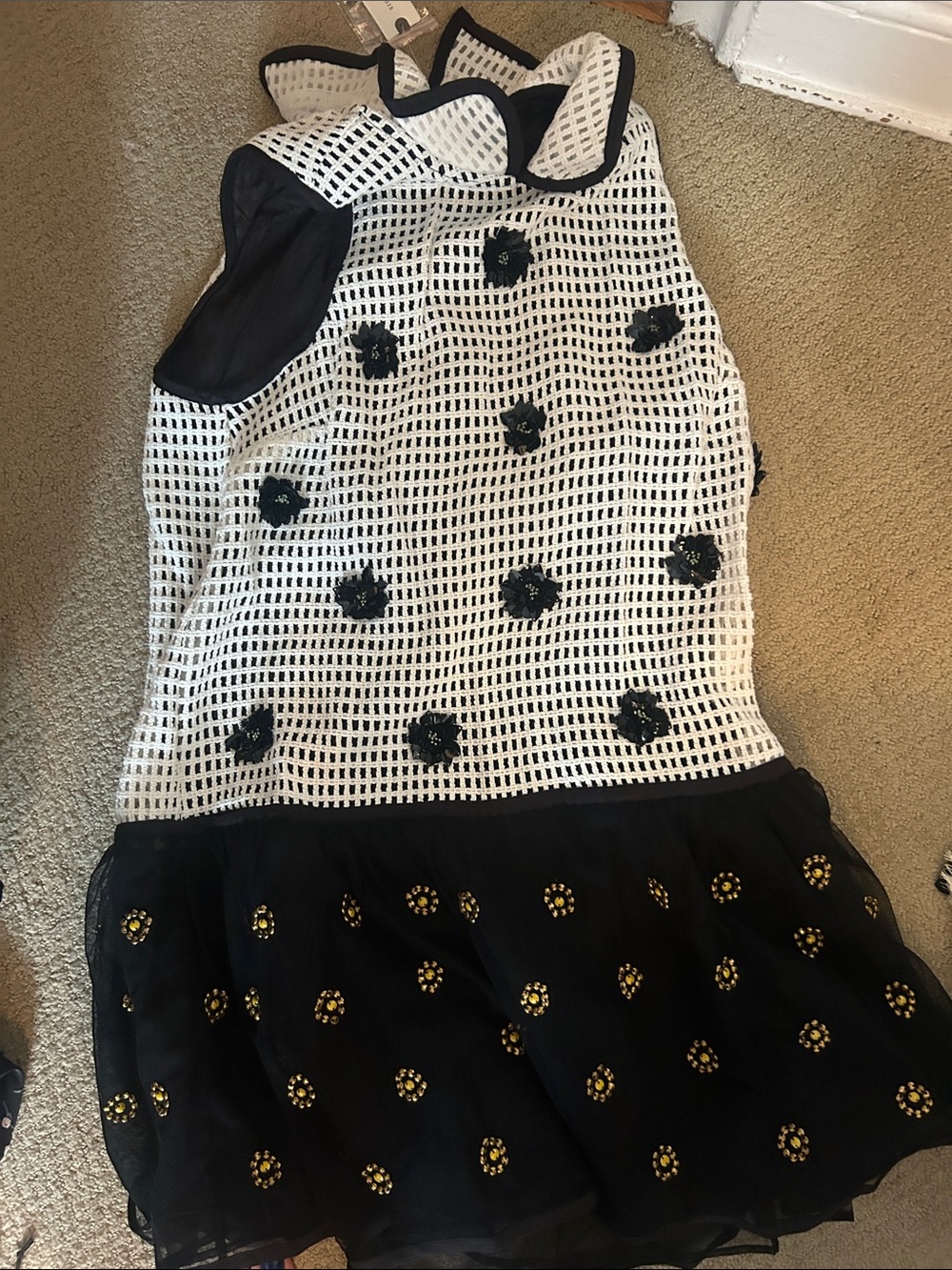 Anthropologie Black & White Sleeveless Mesh Dress with Embellished Skirt nwt